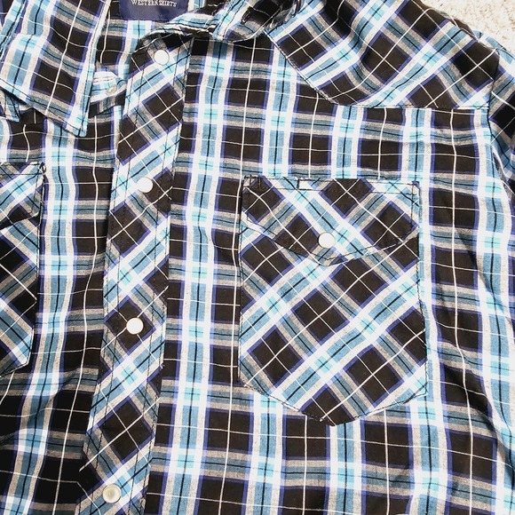 Wrangler Western Shirt Mens Large Blue Black Plaid Pearl Snap Cowboycore Outdoor - Picture 7 of 10